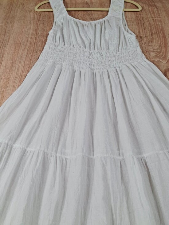 Boho XL White Embroidered Cotton Peasant Tiered Maxi Dress Smocked Stretch Waist - Picture 12 of 13